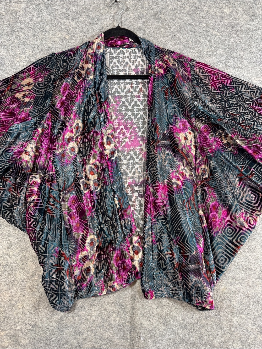 Anthropologie Multicolor Velvet Kimono Cardigan Black Fuchsia Festival Duster - Picture 9 of 14